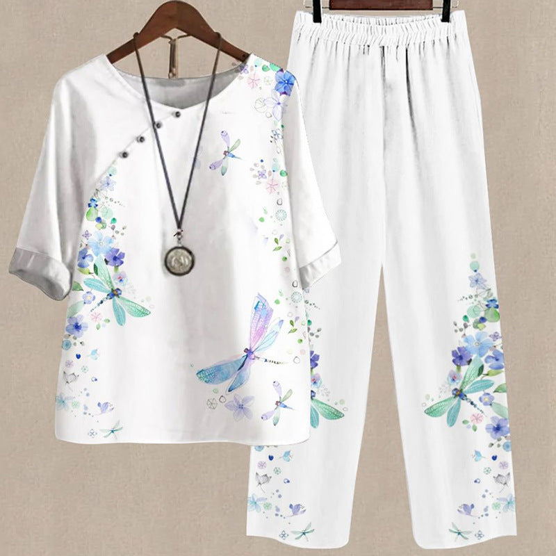 Spring New Women's Five-quarter Sleeve Printed Top Two-piece Pants