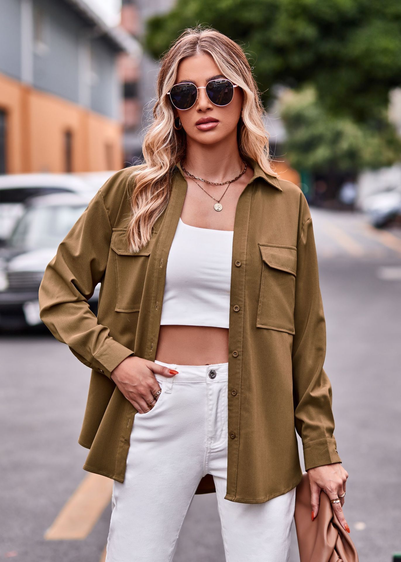 Polo Collar Solid Color Long Sleeve Coat Shirt