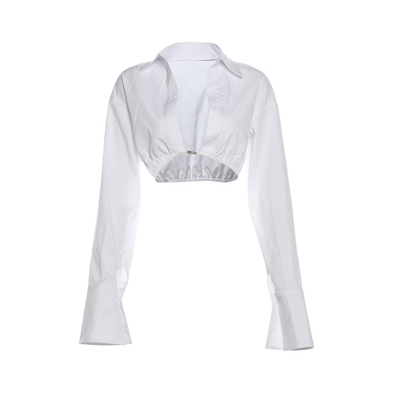 Short Cardigan Waist-tight Solid Color Lapel Long Sleeve Shirt