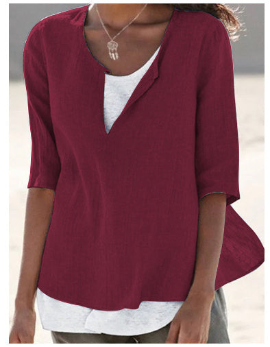 Spring And Summer New Solid Color Cotton And Linen V Neck Blouse