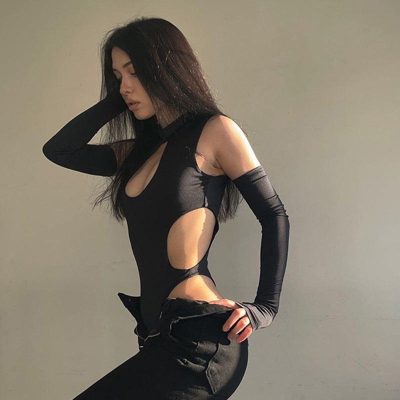 Off-the-shoulder Ripped Hollow-out Tight Long Sleeve Jumpsuit Women