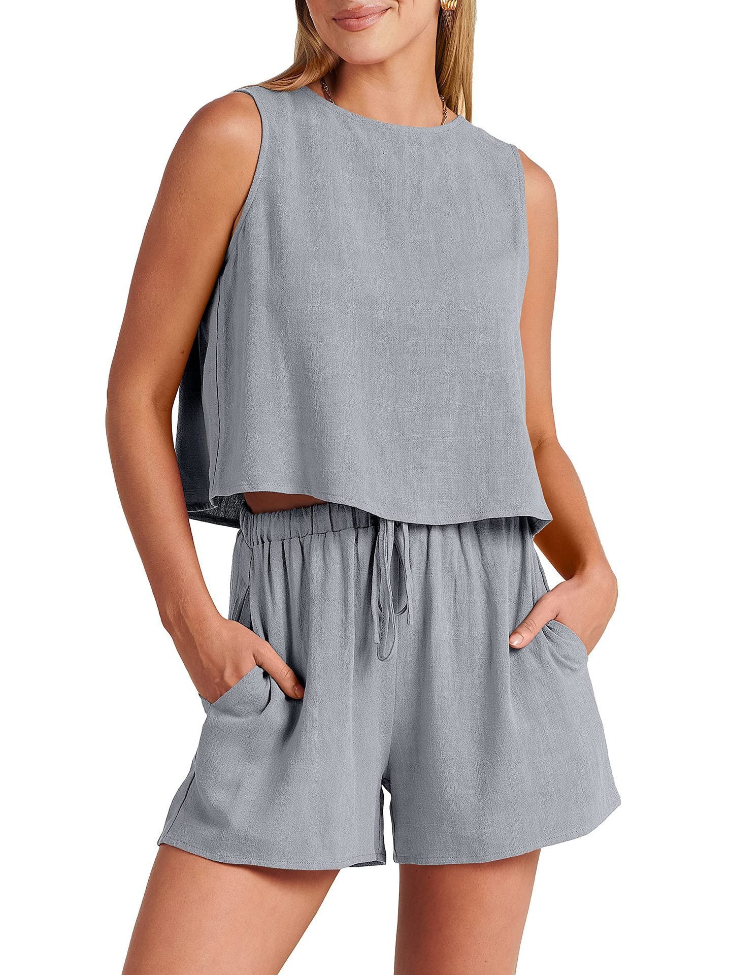 Women's Casual Sleeveless Loose Cotton Linen Shorts Two-piece Suit