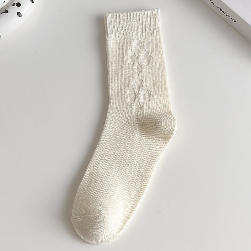 White Socks Women's Mid Tube Stockings Thick Thread Diamond Lattice Autumn And Winter