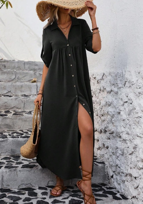 Women's Solid Color Roll-Up Sleeve Long Shirt Dress With Front Buttons, Holiday Leisure Style