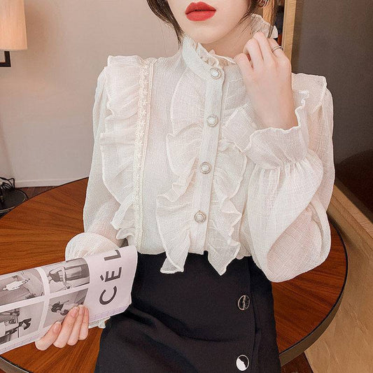 Women's High-neck Lace Ruffled Long-sleeved Shirt