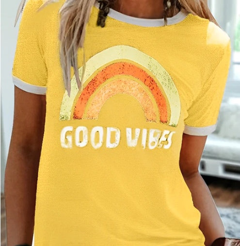 Fashion Rainbow Print Crew Neck Short Sleeve