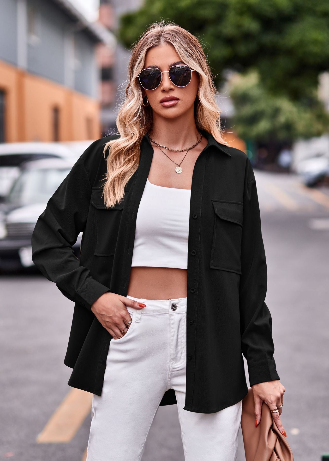 Polo Collar Solid Color Long Sleeve Coat Shirt