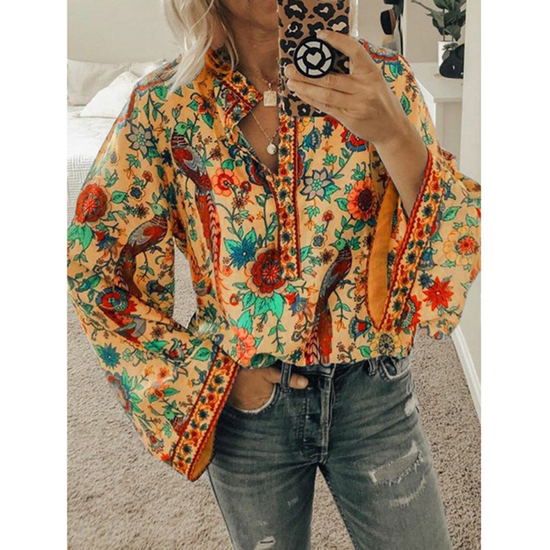 Peacock print loose shirt