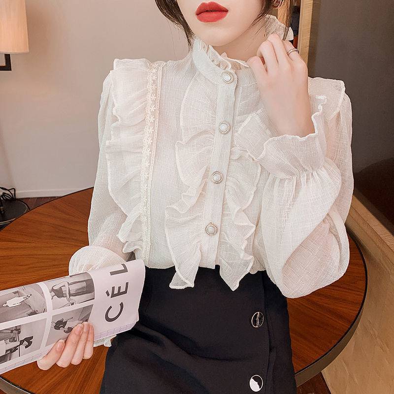 Women's High-neck Lace Ruffled Long-sleeved Shirt