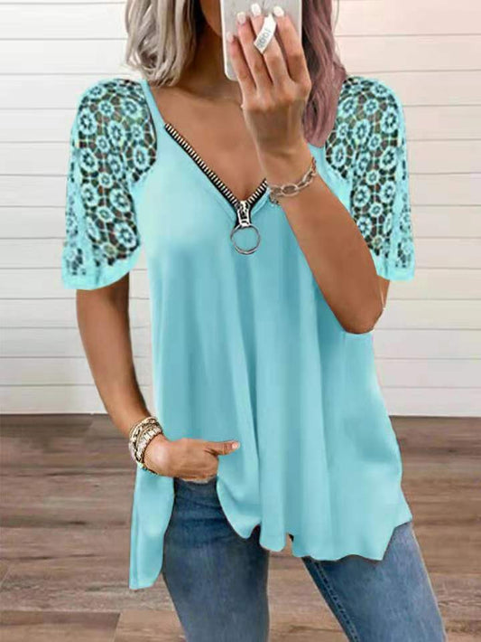 Lace Stitching Short-sleeved Solid Color Loose T-shirt