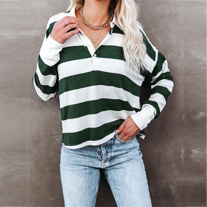 Ladies Striped Print Lapel Collar Button Long Sleeve T-Shirt