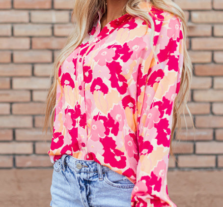 Blooming Floral Print Puff Sleeve Buttoned Shirt