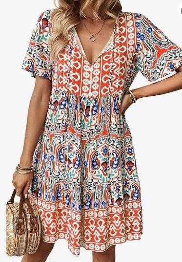 Unity Tied Leisure Vacation Dress With Doll Floral Pattern