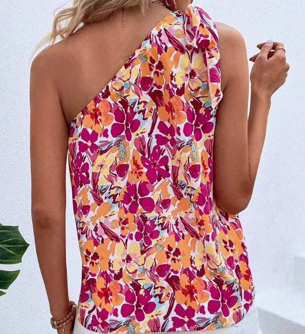 Holidaya Allover Floral Print Knot One Shoulder Blouse