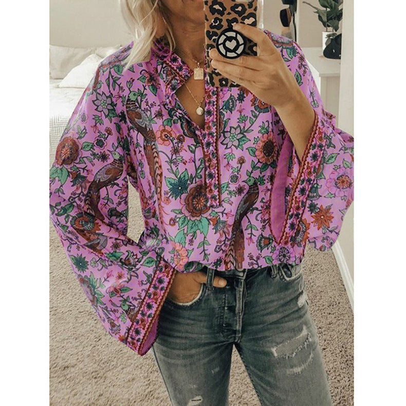 Peacock print loose shirt