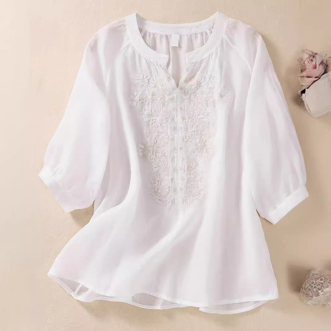 Women's Cotton And Linen Three-quarter Sleeve Embroidered Top