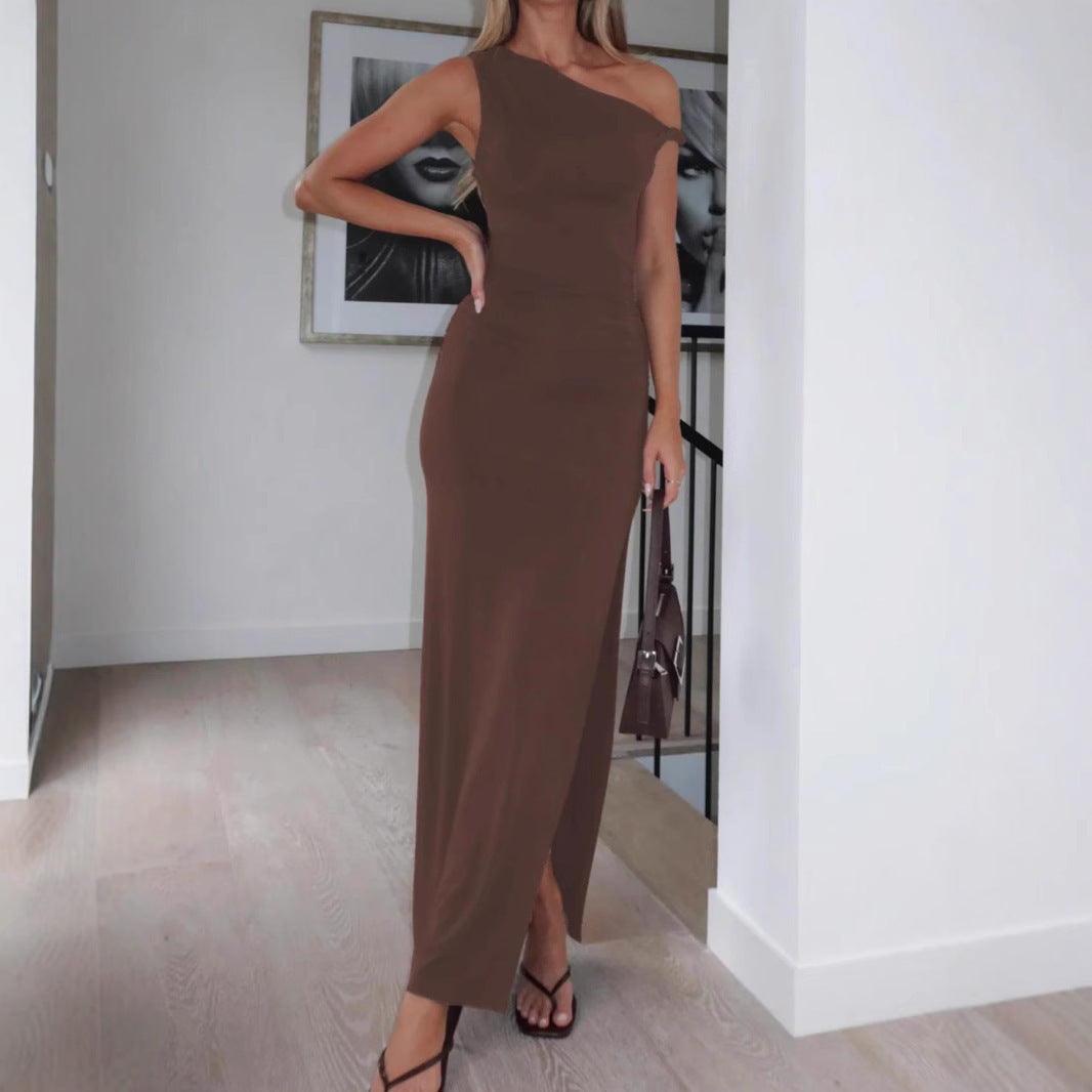 New One-shoulder Diagonal Collar Dress Sleeveless Lace-up