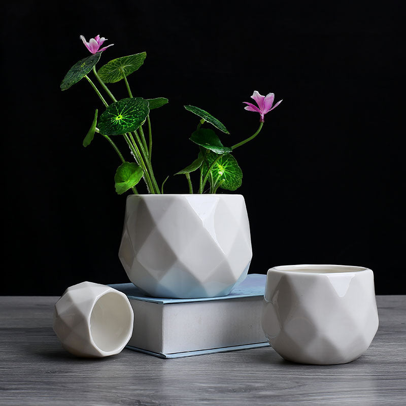 Flower Garden Polyhedron White Ceramic Flower Pot