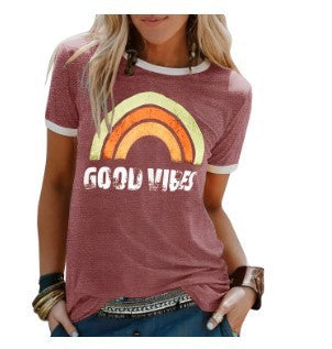 Fashion Rainbow Print Crew Neck Short Sleeve