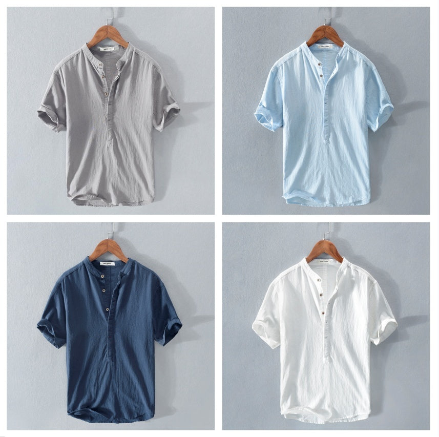 Men's Stand Collar Japanese Ice Silk Linen Short Sleeve T-shirt
