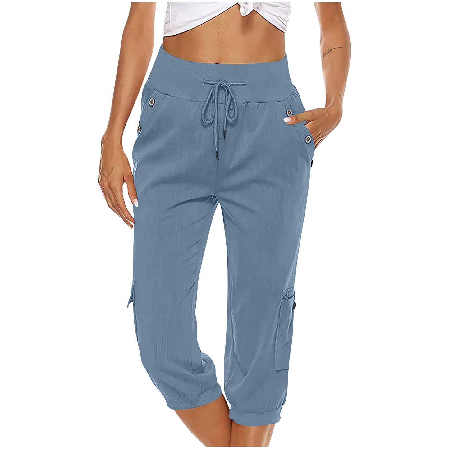 European And American Ladies Solid Color Drawstring Loose Leisure Workwear Wide Leg Straight Cropped Pants