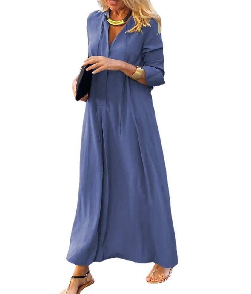 Long-sleeved Shirt Dress Fashion Loose V-neck Long Dresses Spring And Autumn Clothing For Women