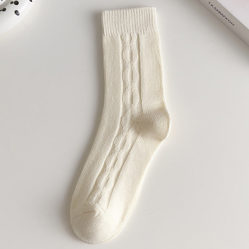 White Socks Women's Mid Tube Stockings Thick Thread Diamond Lattice Autumn And Winter
