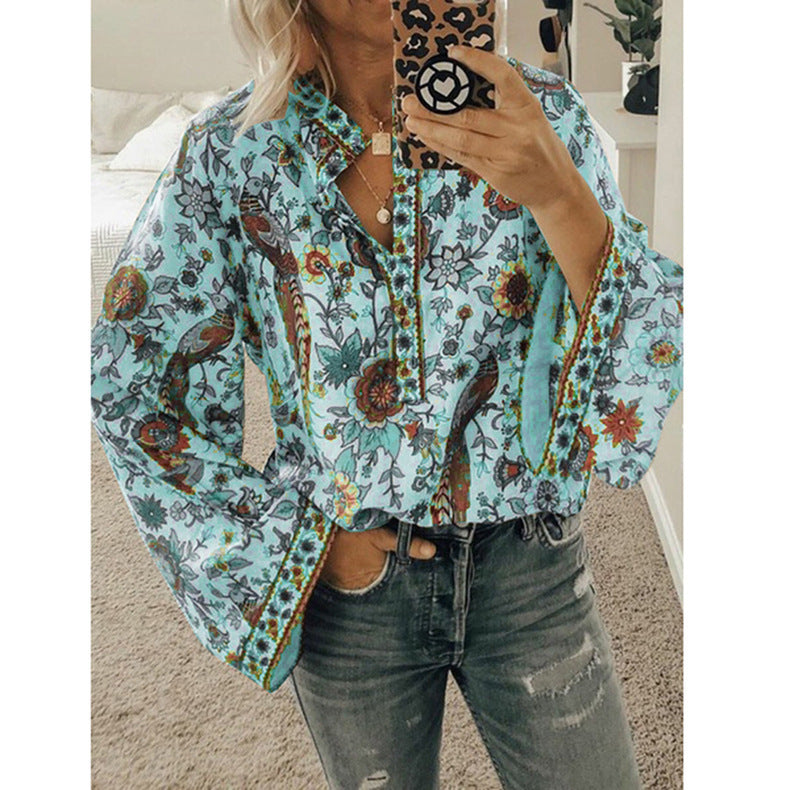 Peacock print loose shirt