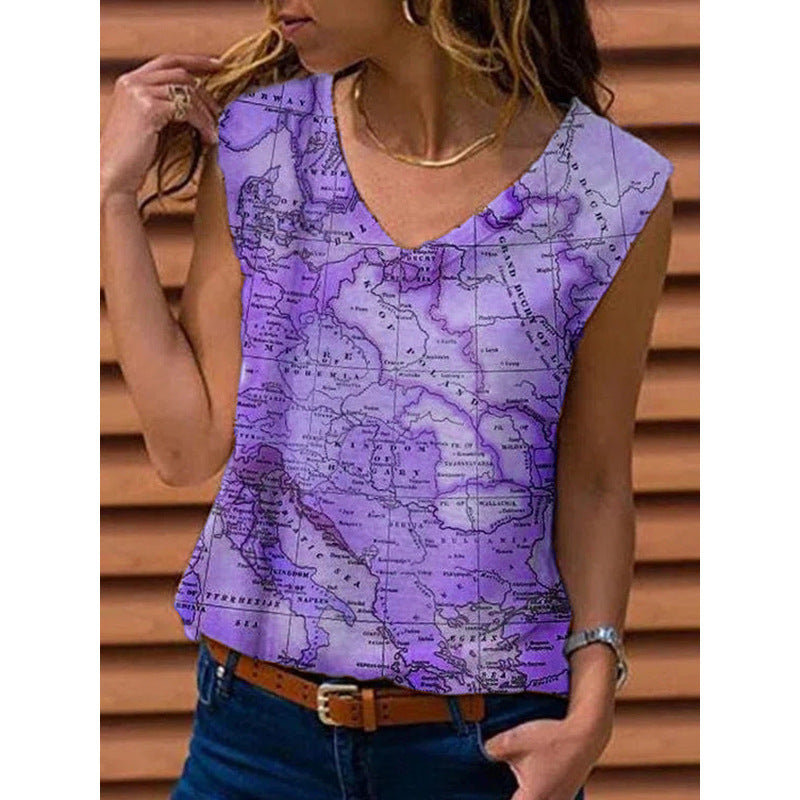 Women's Vest Map Print T-shirt Top