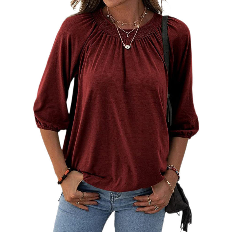 Women's Autumn Hot Selling Temperament Pullover Round Neck Loose Three-quarter-length-sleeved T-shirt