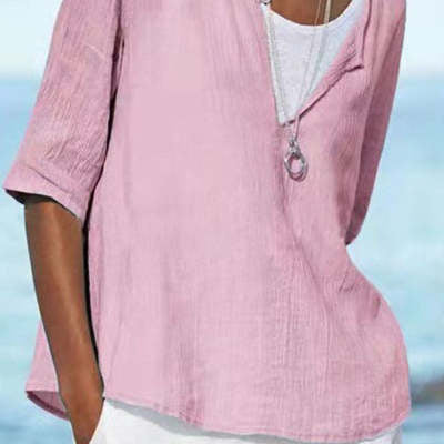 Spring And Summer New Solid Color Cotton And Linen V Neck Blouse