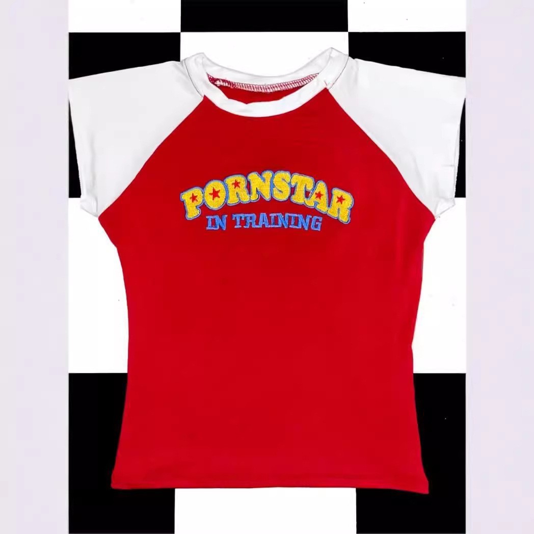 Contrast Color Letter Print Slim-fit Short-sleeved Hot Girl Top Fashion