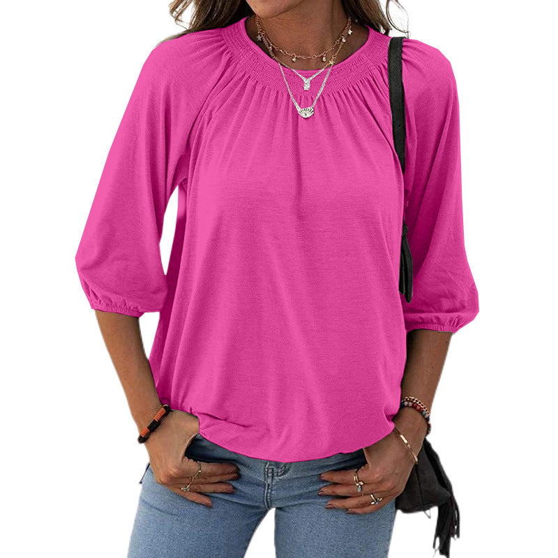 Women's Autumn Hot Selling Temperament Pullover Round Neck Loose Three-quarter-length-sleeved T-shirt