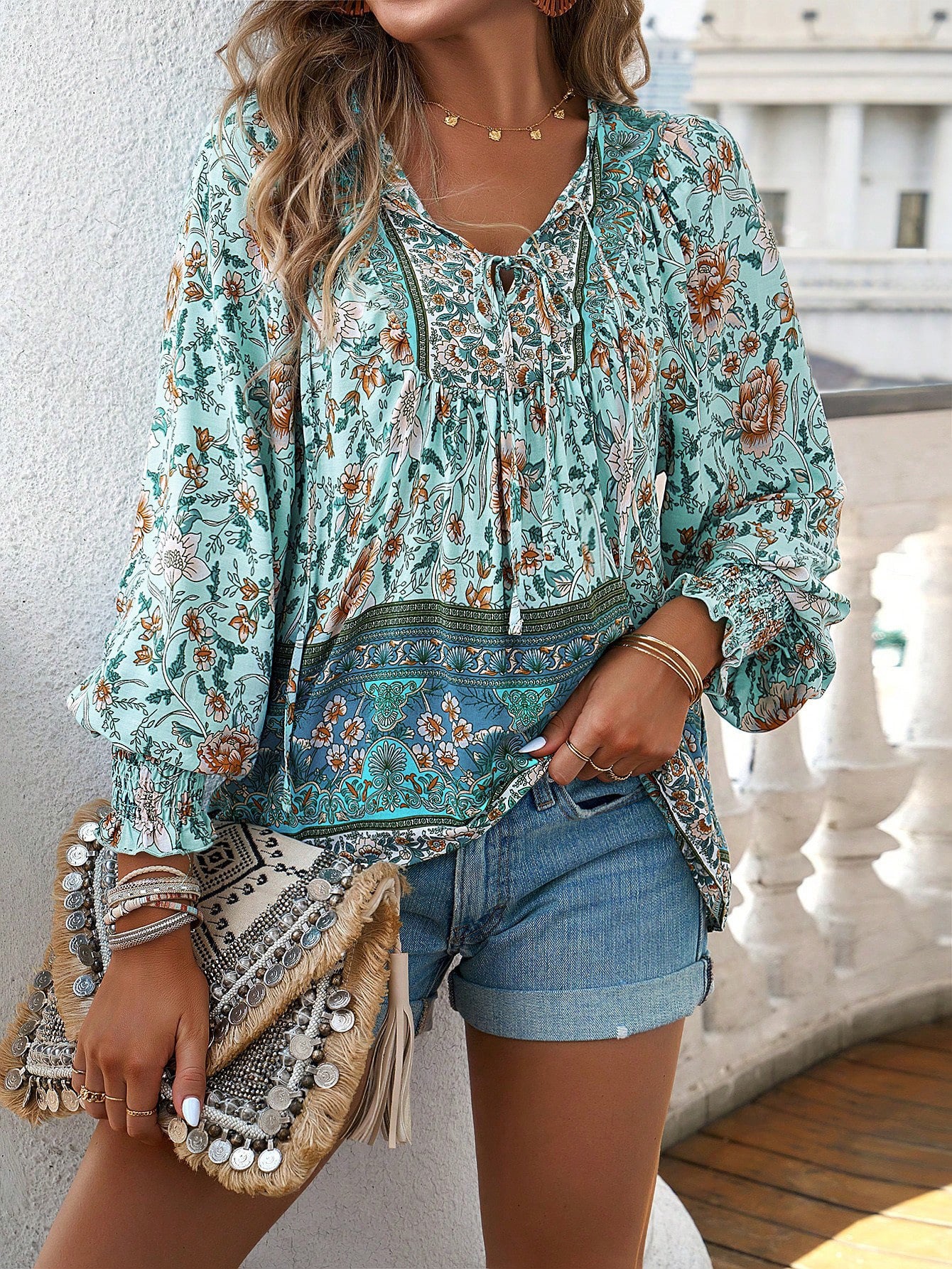 European And American Printed Shirt Women V-neck Long Sleeve Top