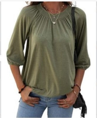 Women's Autumn Hot Selling Temperament Pullover Round Neck Loose Three-quarter-length-sleeved T-shirt