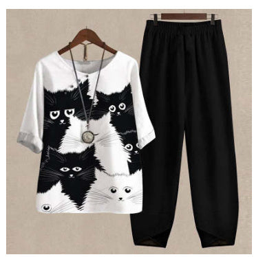 Spring New Women's Five-quarter Sleeve Printed Top Two-piece Pants