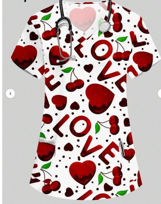 Plus Size Women's Vibrant Print Scrub Top Casual V-Neck Short Sleeve