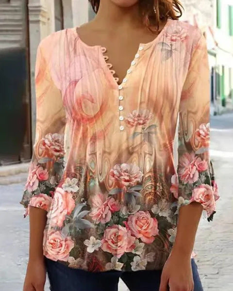 Women's Floral Printed V-neck Short Sleeve Button T-shirt