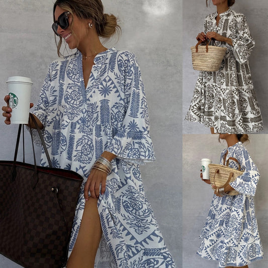 Autumn Casual Print Vacation Loose Dress Women Fashion V-neck Flare Sleeve Elegant Ruffle Shirt Dress Female Vintage Loose Dress