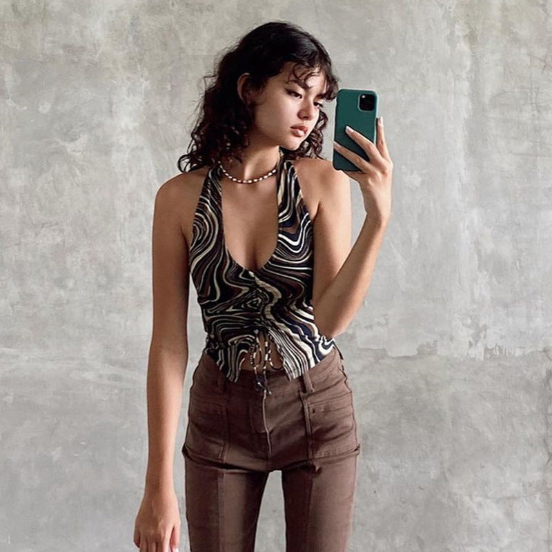 Net Red Fashion Street Personality Summer Irregular Stripe Printing Halter Neck V Neck Small Camisole