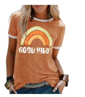 Fashion Rainbow Print Crew Neck Short Sleeve