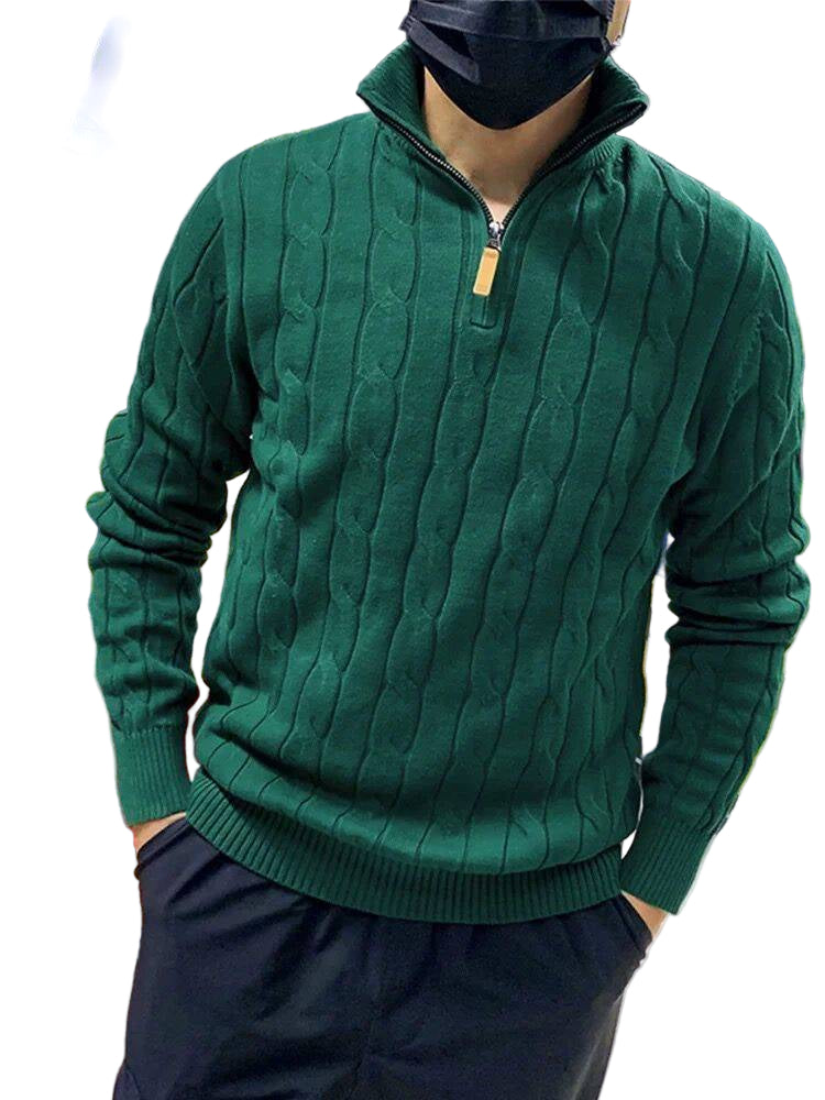 Long Sleeve Pullover Half Zipper Twisted Casual Solid Color Men's Sweater