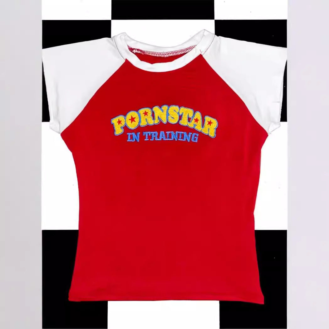 Contrast Color Letter Print Slim-fit Short-sleeved Hot Girl Top Fashion