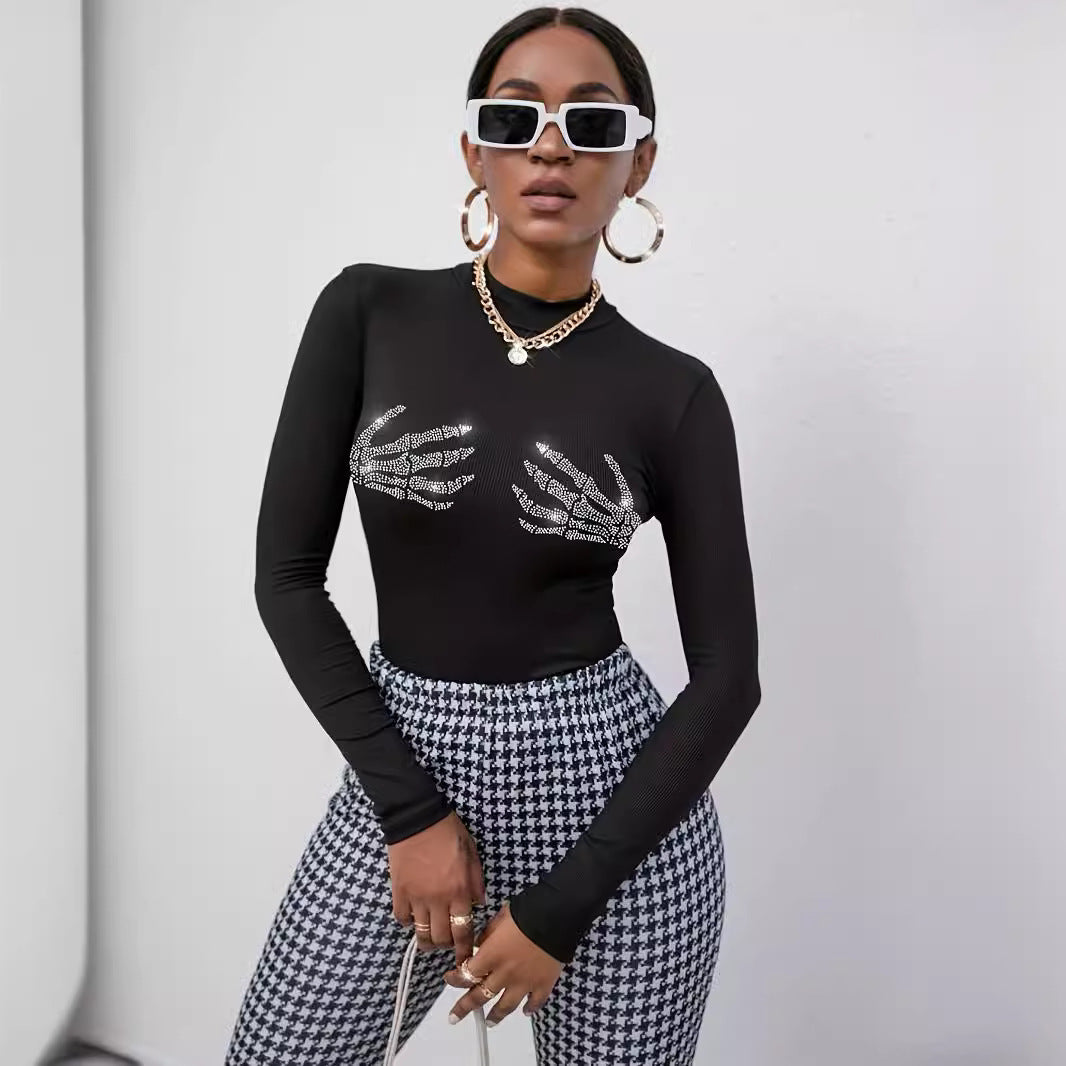 Rib Knitted Skull Rhinestone Top