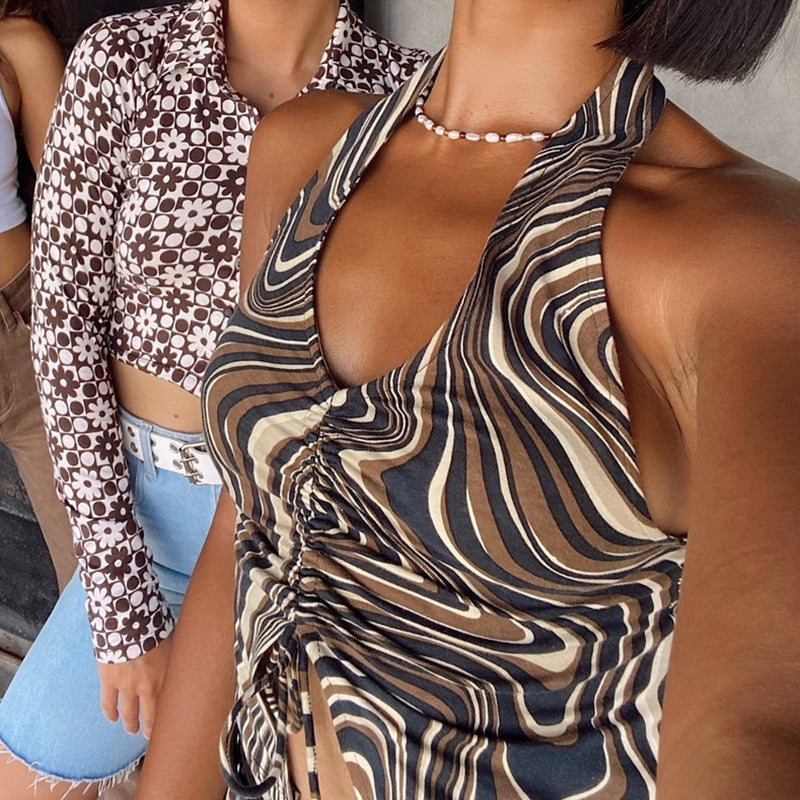 Net Red Fashion Street Personality Summer Irregular Stripe Printing Halter Neck V Neck Small Camisole