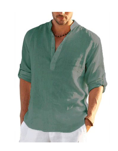 Men's Casual Cotton Linen Solid Color Long Sleeve Shirt Loose Stand Collar