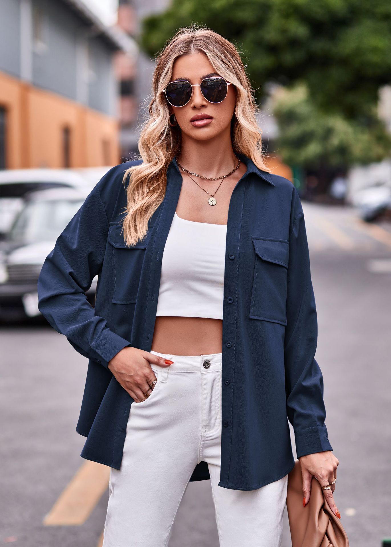 Polo Collar Solid Color Long Sleeve Coat Shirt