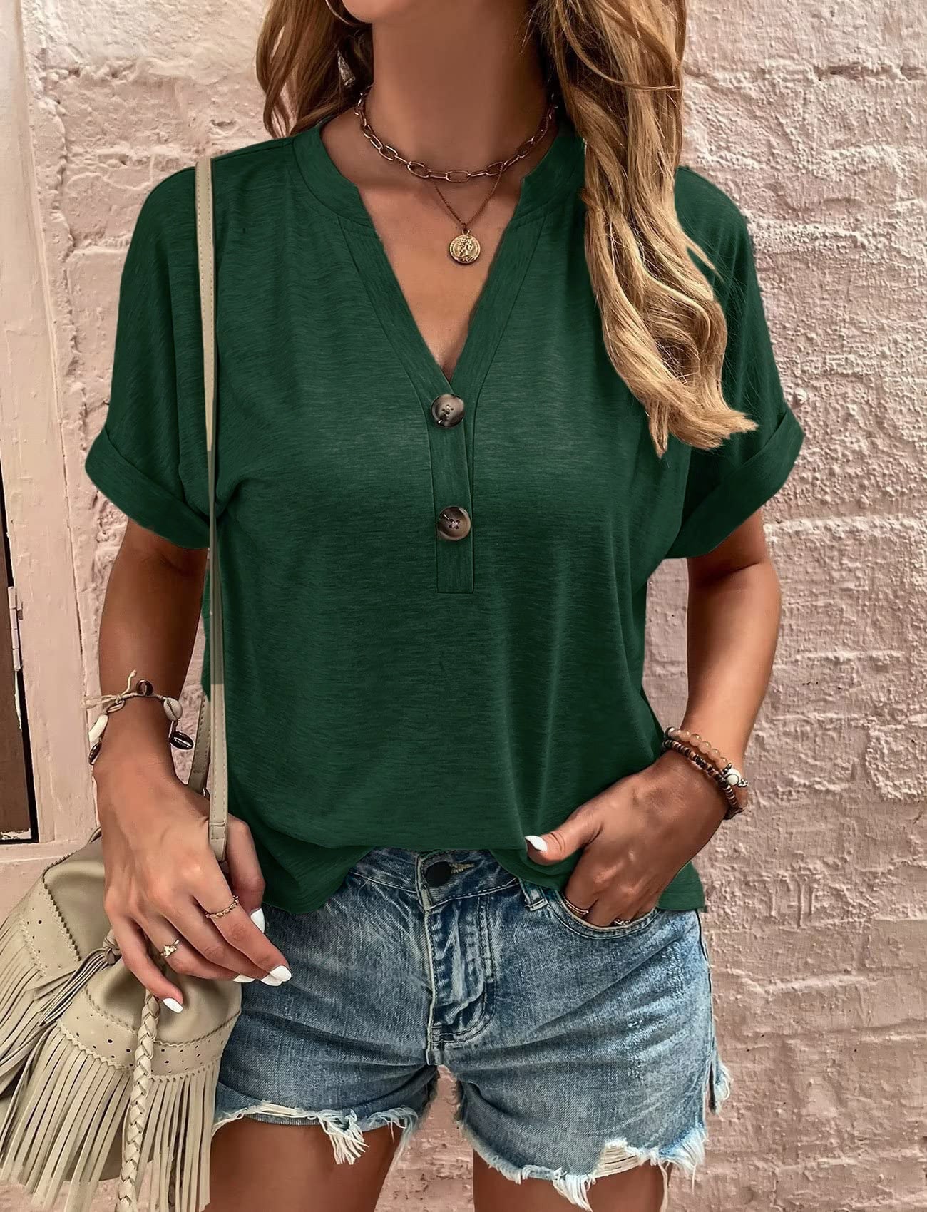 European And American Spring And Summer Solid Color Button Fashion T-shirt