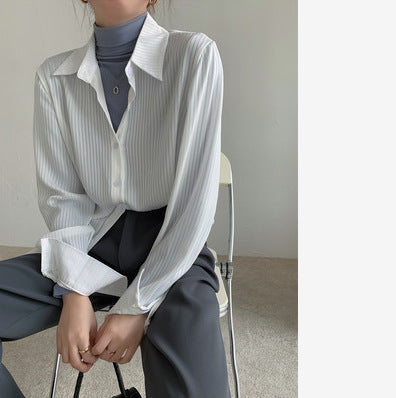 French Long-sleeved Women's Lapel Loose Vertical Striped Shirt