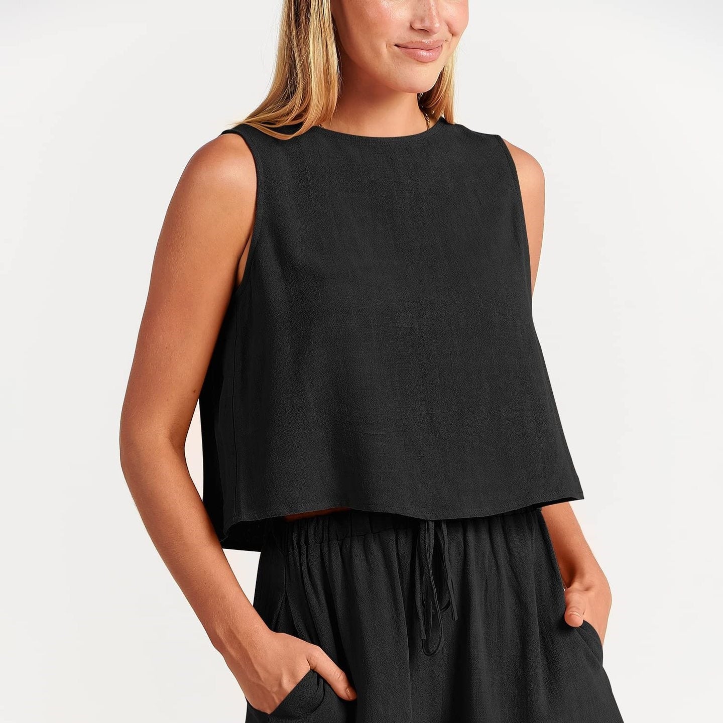 Women's Casual Sleeveless Loose Cotton Linen Shorts Two-piece Suit